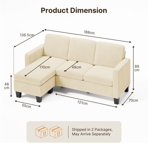 Canapé d'Angle Modulable 3 Places  Velours Côtelé Crème Avec Méridiennepour Petit Espace