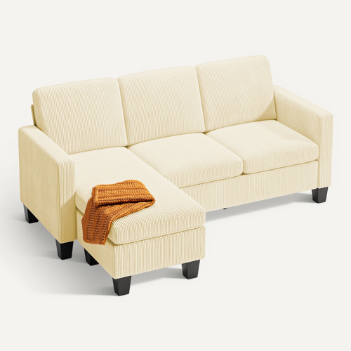 Canapé d'Angle Modulable 3 Places  Velours Côtelé Crème Avec Méridiennepour Petit Espace