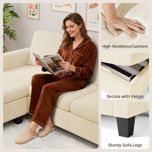 Canapé d'Angle Modulable 3 Places  Velours Côtelé Crème Avec Méridiennepour Petit Espace