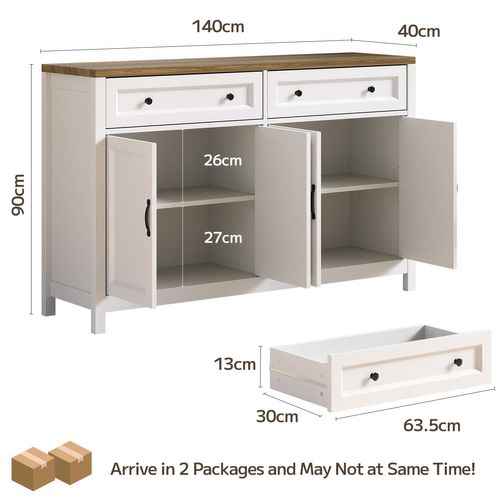 Buffet De Cuisine Meuble Rangement 2 Tiroirs 4 Portes 2 Niveaux Meuble Bas Marron 140x40x90cm