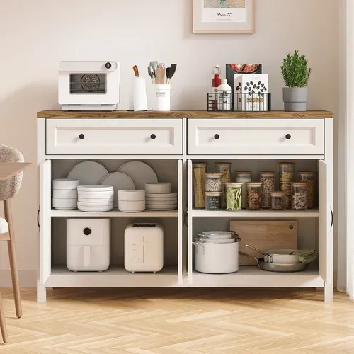 Buffet De Cuisine Meuble Rangement 2 Tiroirs 4 Portes 2 Niveaux Meuble Bas Marron 140x40x90cm