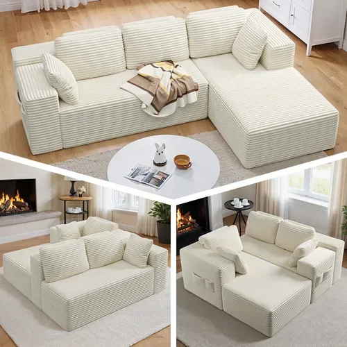 Canapé D'angle 3 Places Avec Méridienne,canapé Compressé Velours Côtelé Beige, Sans Montage