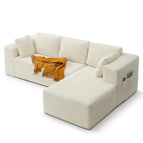 Canapé D'angle 3 Places Avec Méridienne,canapé Compressé Velours Côtelé Beige, Sans Montage