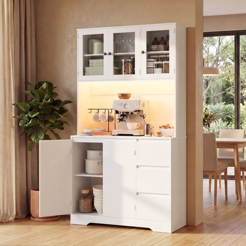 Buffet De Cuisine Avec LED Et Multiprise - Meuble Haut Micro-ondes Vaisselier 180cm-blanc