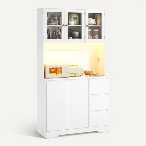 Buffet De Cuisine Avec LED Et Multiprise - Meuble Haut Micro-ondes Vaisselier 180cm-blanc