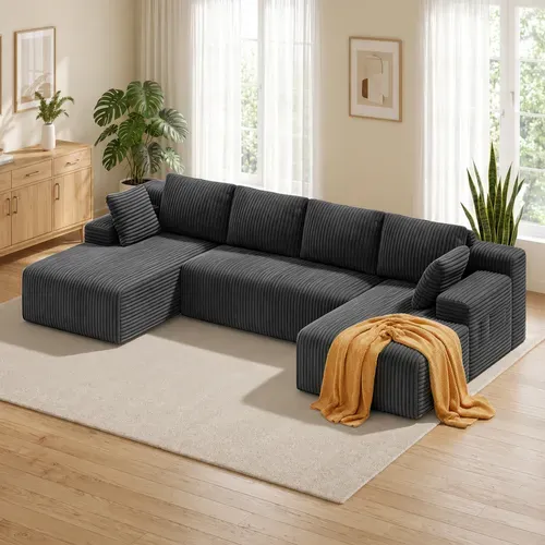 Canapé Panoramique Modulable En U - Velours Côtelé Gris Foncé - 5 Places Et Assise Profonde
