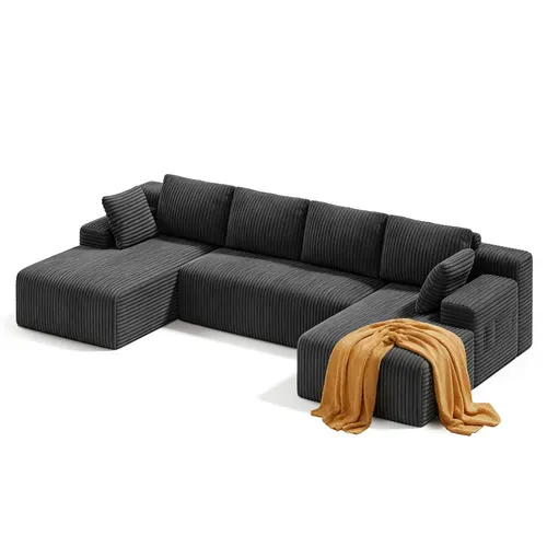 Canapé Panoramique Modulable En U - Velours Côtelé Gris Foncé - 5 Places Et Assise Profonde