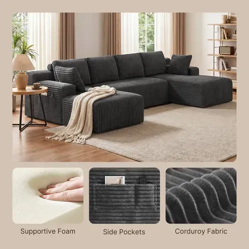Canapé Panoramique Modulable En U - Velours Côtelé Gris Foncé - 5 Places Et Assise Profonde