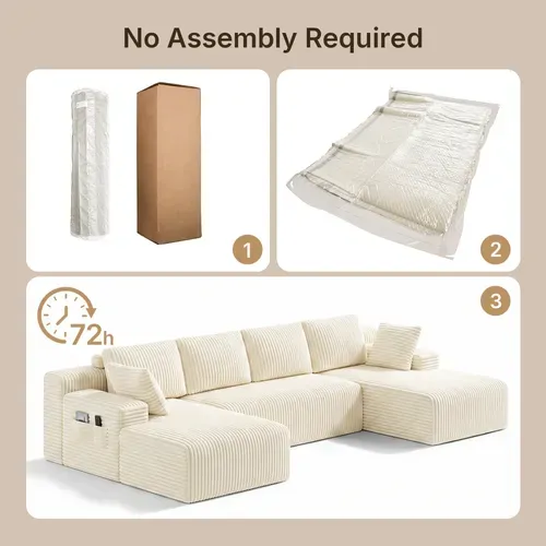 Canapé D'angle Modulable En U - Velours Côtelé Beige Crème - 5 Places Et Assise Profonde
