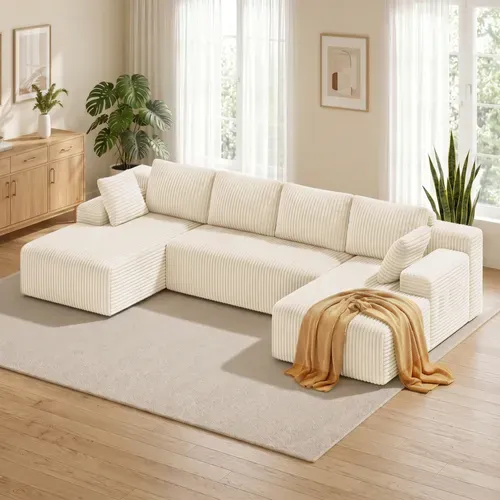 Canapé D'angle Modulable En U - Velours Côtelé Beige Crème - 5 Places Et Assise Profonde