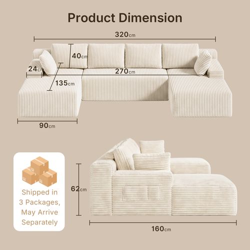 Canapé D'angle Modulable En U - Velours Côtelé Beige Crème - 5 Places Et Assise Profonde