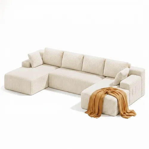 Canapé D'angle Modulable En U - Velours Côtelé Beige Crème - 5 Places Et Assise Profonde