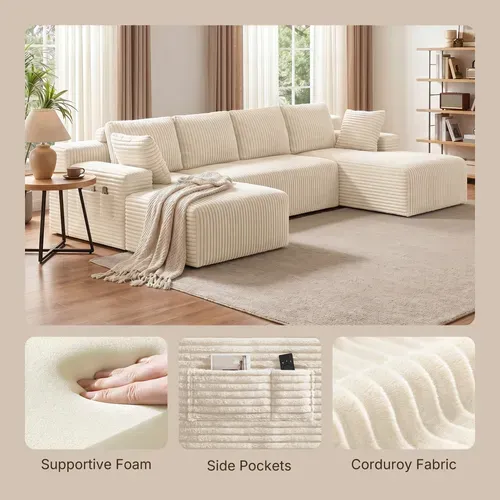 Canapé D'angle Modulable En U - Velours Côtelé Beige Crème - 5 Places Et Assise Profonde
