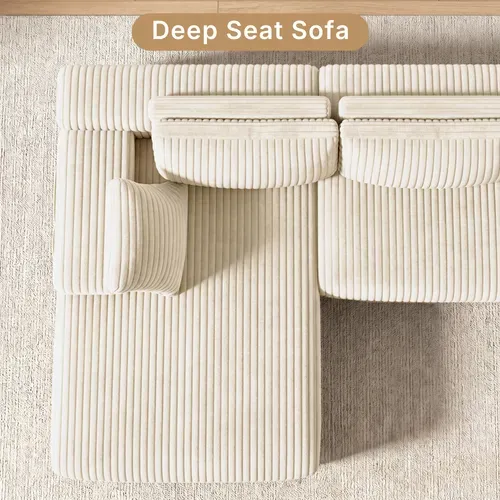 Canapé D'angle Modulable En U - Velours Côtelé Beige Crème - 5 Places Et Assise Profonde