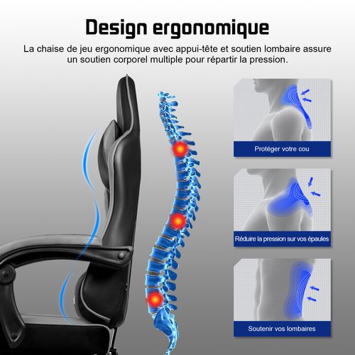 Fauteuil Gamer Ergonomique, 150kg Chaise Gaming Inclinable, Chaise De Bureau Gamer Gris Et Noir