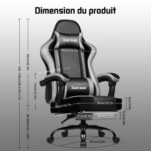 Fauteuil Gamer Ergonomique, 150kg Chaise Gaming Inclinable, Chaise De Bureau Gamer Gris Et Noir