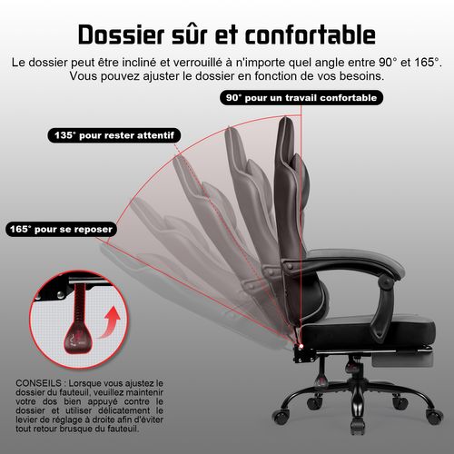 Fauteuil Gamer Ergonomique, 150kg Chaise Gaming Inclinable, Chaise De Bureau Gamer Gris Et Noir