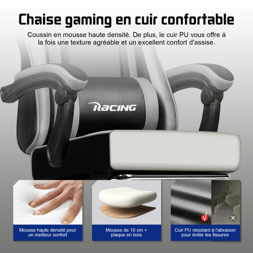 Fauteuil Gamer Ergonomique, 150kg Chaise Gaming Inclinable, Chaise De Bureau Gamer Gris Et Noir