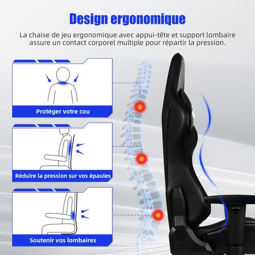 Chaise Gaming Charge 150kg, Fauteuil Bureau Ergonomique, Assise De 56cm, Hauteur, Coussins Réglables