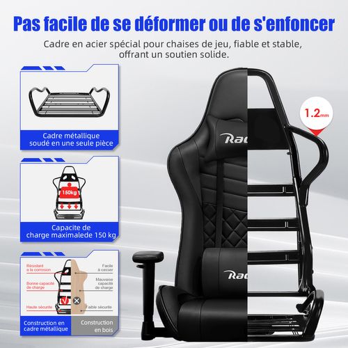 Chaise Gaming Charge 150kg, Fauteuil Bureau Ergonomique, Assise De 56cm, Hauteur, Coussins Réglables