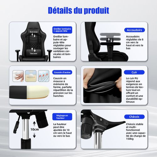 Chaise Gaming Charge 150kg, Fauteuil Bureau Ergonomique, Assise De 56cm, Hauteur, Coussins Réglables