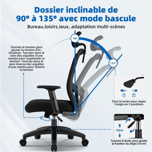 Fauteuil De Bureau Avec Hauteur Réglable Et Dossier Inclinable 70x53x128 Cm - Noir