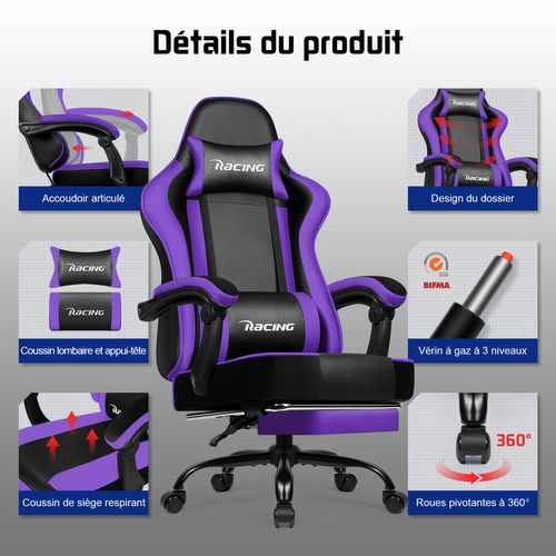 Chaise Gaming Violet Ergonomique, Réglable 90-165°, Jusqu’à 150 kg, Avec Repose-pieds