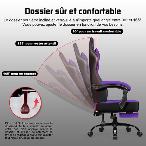Chaise Gaming Violet Ergonomique, Réglable 90-165°, Jusqu’à 150 kg, Avec Repose-pieds