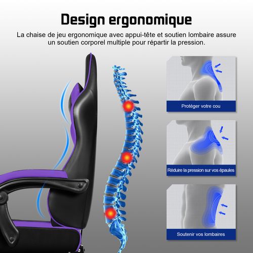 Chaise Gaming Violet Ergonomique, Réglable 90-165°, Jusqu’à 150 kg, Avec Repose-pieds