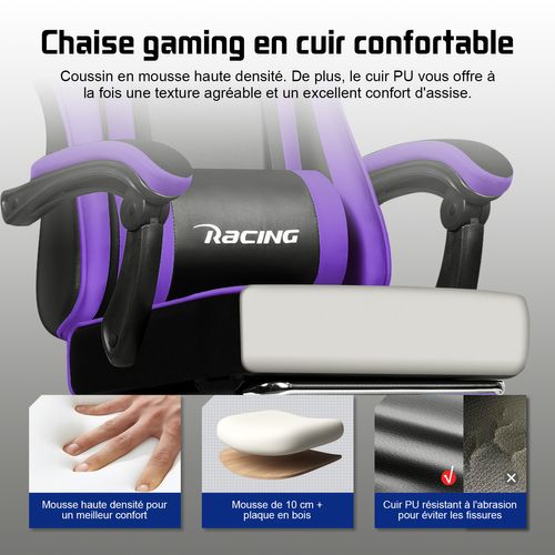 Chaise Gaming Violet Ergonomique, Réglable 90-165°, Jusqu’à 150 kg, Avec Repose-pieds