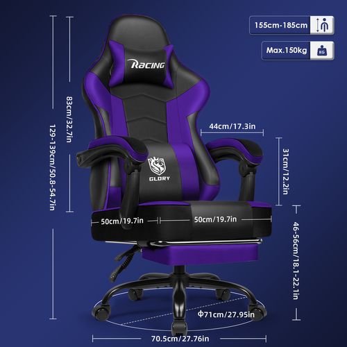 Chaise Gaming Violet Ergonomique, Réglable 90-165°, Jusqu’à 150 kg, Avec Repose-pieds