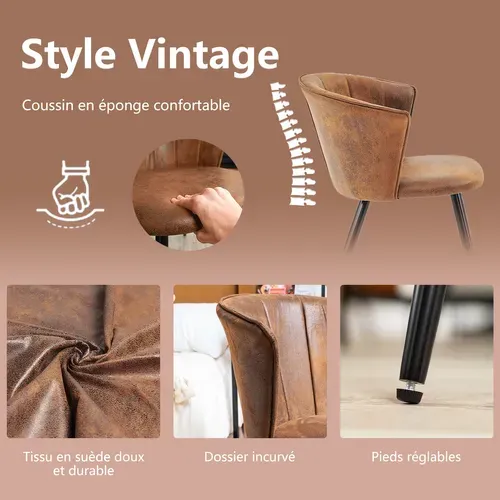 Lot De 6 Chaises De Salle À Manger Fauteuil Assise Rembourrée En Suédine Pieds En Métal, Marron