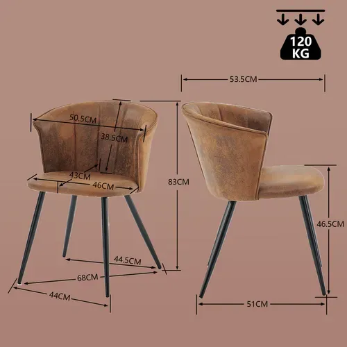 Lot De 6 Chaises De Salle À Manger Fauteuil Assise Rembourrée En Suédine Pieds En Métal, Marron