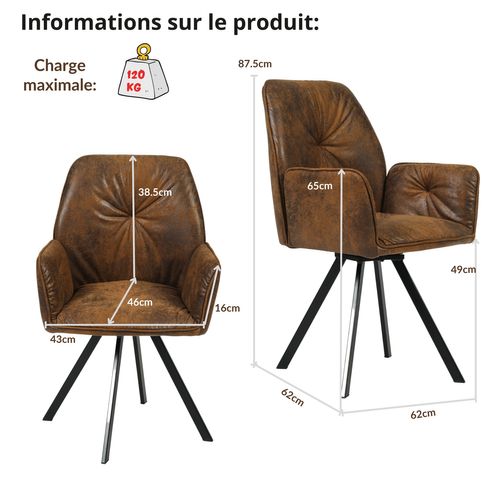 Lot De 6 Chaises Salle À Manger Pivotant Sur 360° Vintage Fauteuil En Suédine, Marron, 60x62x87.5cm
