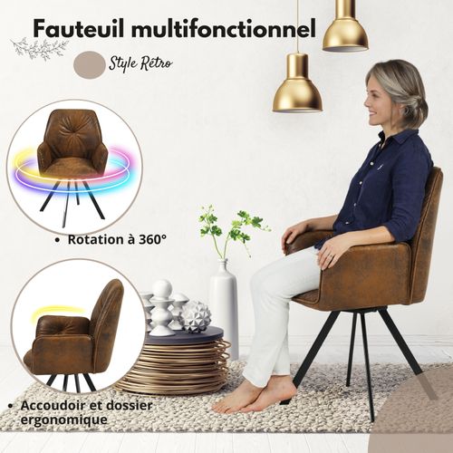 Lot De 6 Chaises Salle À Manger Pivotant Sur 360° Vintage Fauteuil En Suédine, Marron, 60x62x87.5cm