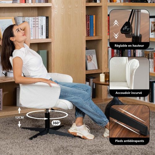 Chaise De Bureau Fauteuil Pivotant Hauteur Réglable En Bouclette Blanc