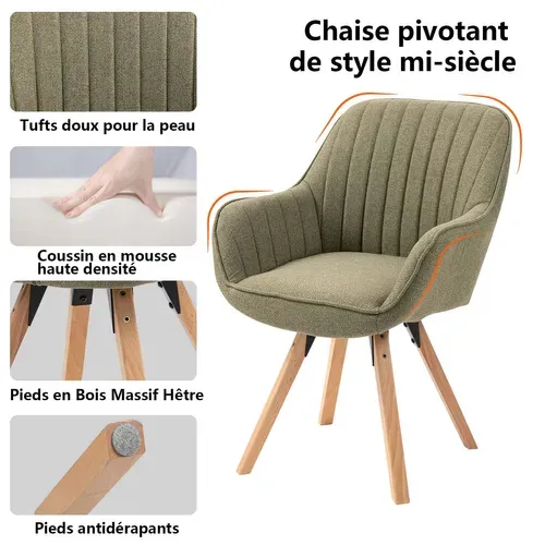 Chaise Salle À Manger Fauteuil Pivotant Avec Accoudoirs En Tissu Pieds En Bois Massif Vert
