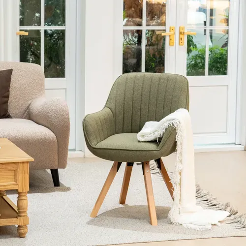 Chaise Salle À Manger Fauteuil Pivotant Avec Accoudoirs En Tissu Pieds En Bois Massif Vert