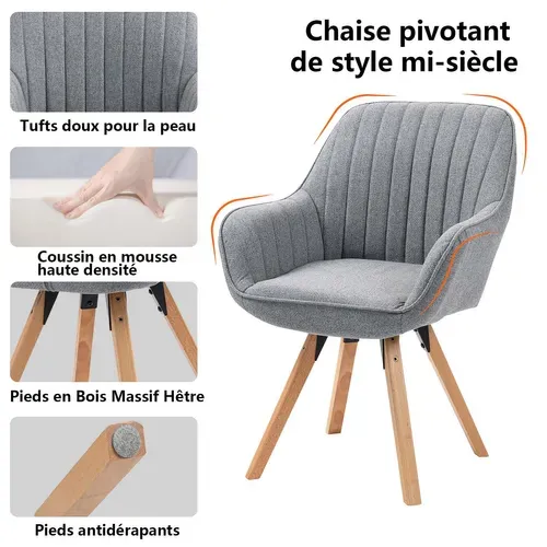 Chaise Salle À Manger Fauteuil Pivotant Avec Accoudoirs En Tissu Pieds En Bois Massif Gris