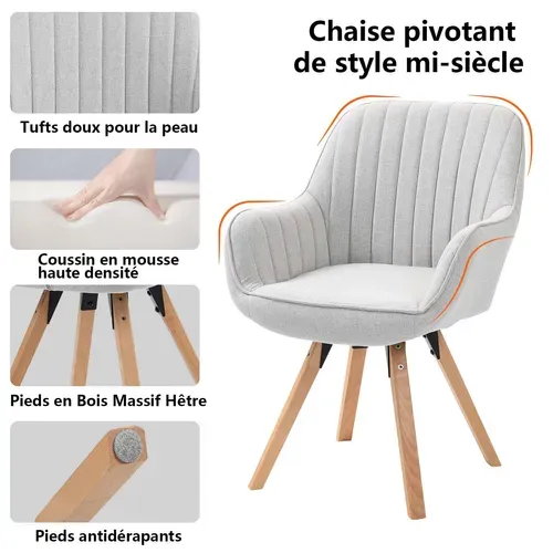 Lot De 4 Chaise Salle À Manger Fauteuil Pivotant Avec Accoudoirs Pieds En Bois Massif Beige