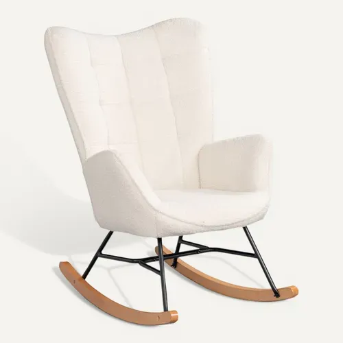 Fauteuil à Bascule D'allaitement Et Détente - Dossier Haut, Rembourrage Moelleux, Tissu Teddy, Ivoire