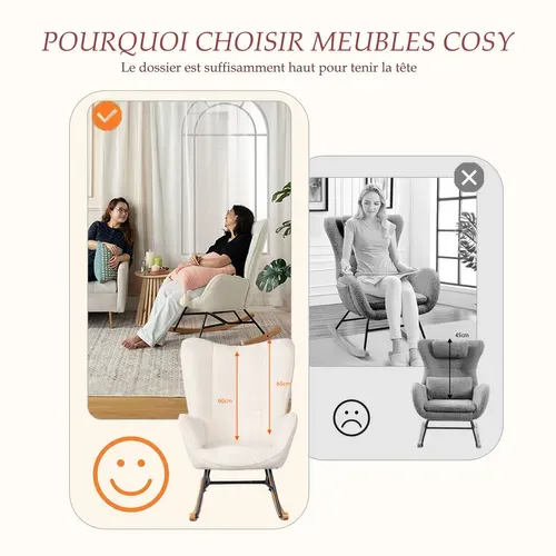 Fauteuil à Bascule Allaitement Rocking Chair Scandinave Revêtement En Bouclette Beige