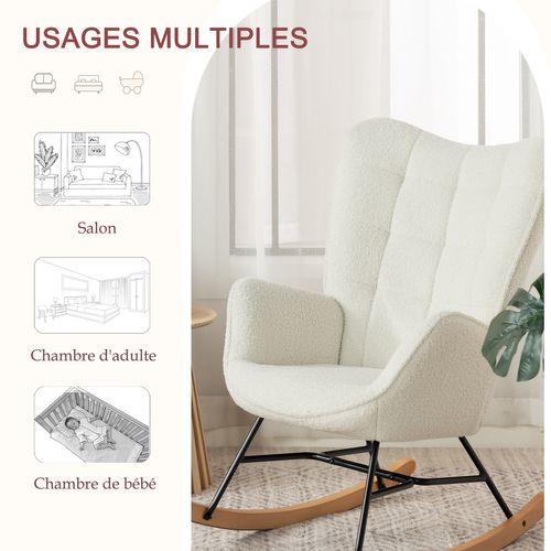 Fauteuil à Bascule Allaitement Rocking Chair Scandinave Revêtement En Bouclette Beige