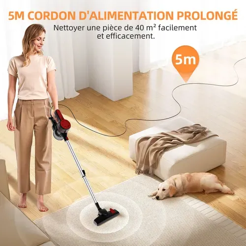 Aspirateur Balai Filtre HEPA H13, Aspirateur Balais Filaire 3-en-1, Câble 5m, Rouge