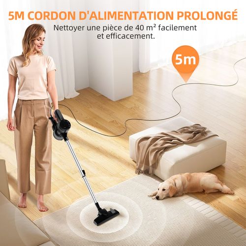 Aspirateur Balai Filtre HEPA H13, Aspirateur Balais Filaire 3-en-1, Câble 5m, Argent et Noir