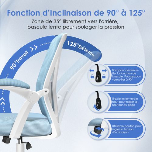 Chaise de Bureau Bleu, Dossier Réglable, Accoudoirs Pliables, Hauteur Réglable, Charge 150 kg