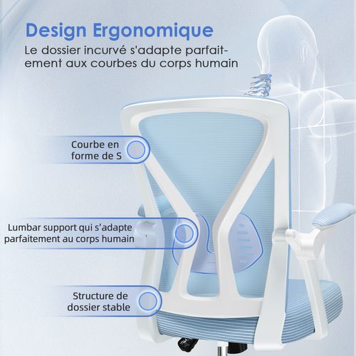 Chaise de Bureau Bleu, Dossier Réglable, Accoudoirs Pliables, Hauteur Réglable, Charge 150 kg