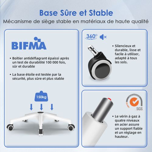 Chaise de Bureau Bleu, Dossier Réglable, Accoudoirs Pliables, Hauteur Réglable, Charge 150 kg