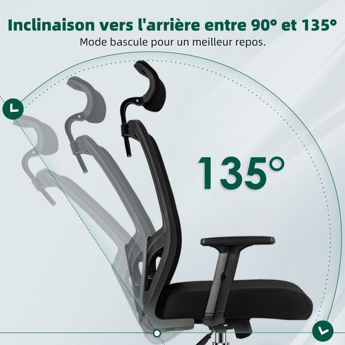 Chaise Bureau Ergonomique, Capacité 200Kg , Pieds Métalliques, Dossier Inclinable 90°-135°