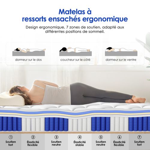 Matelas 90x190 Épaisseur 25cm, Ressorts Ensachés 7 Zones Accueil Mémoire De Forme Avec Drap-housse